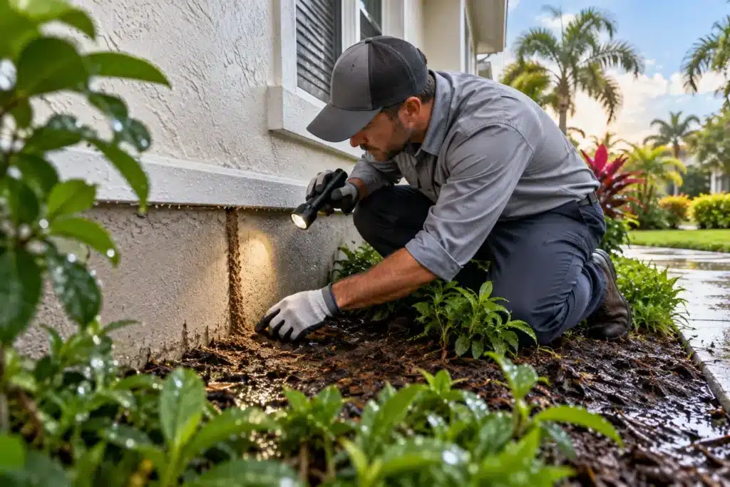 Pest inspector checking a Florida home's wet foundation for termite mud tubes after rain