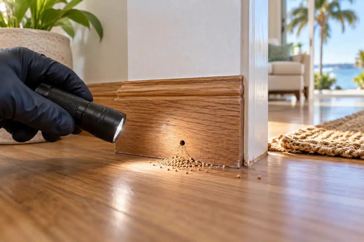 Pest inspector examining drywood termite droppings or frass beneath a small hole in wood trim
